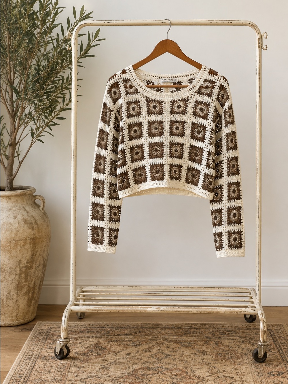 Women's Crochet Square Crochet Sweater - Brown & Cream